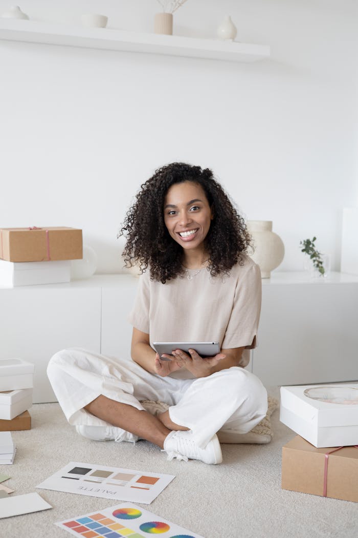 hero-img-01 A confident young woman sitting among packages and papers while using a tablet, showcasing modern entrepreneurship.