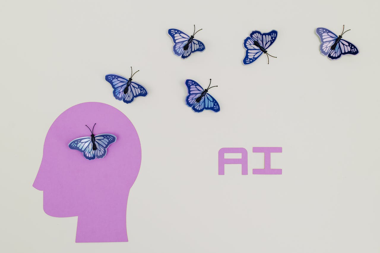 about-01 Surreal AI conceptual art featuring butterflies and a human head silhouette in a minimalistic style.